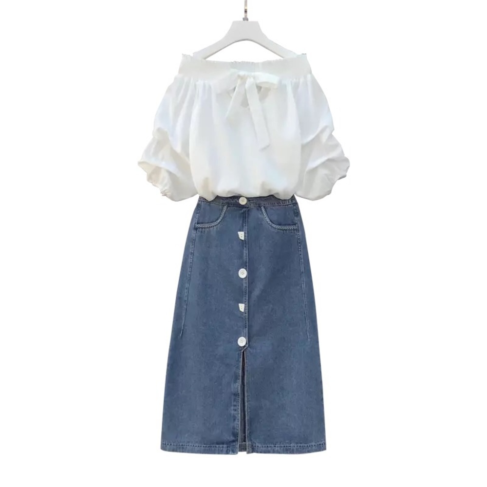 Korean Fashion Co-Ord denim skirt & white blouse